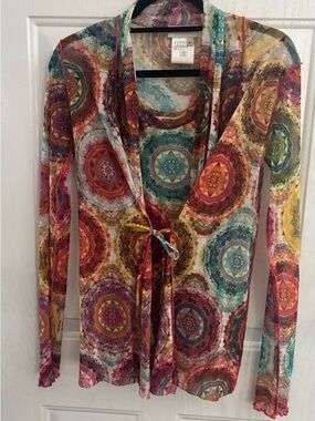 Fuzzi tie front cardigan long sleeve mesh / cardigan and top set